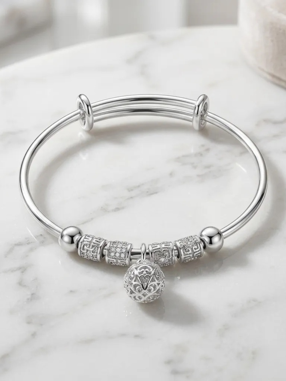 Elegant 925 Sterling Silver Beaded Charm Bangle Bracelet